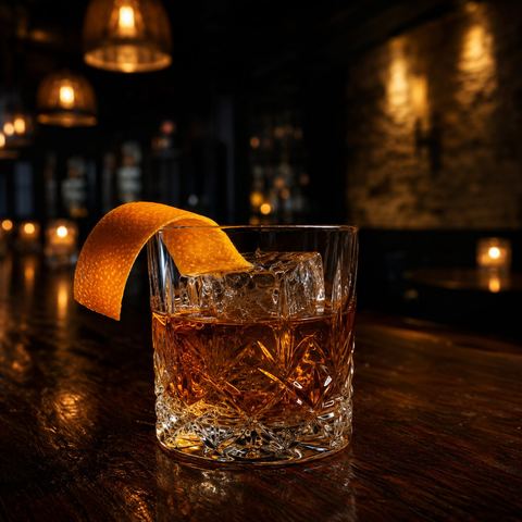 The 1810 Reserve: a bourbon Old Fashioned in cut crystal over one large cube with a wide orange peel