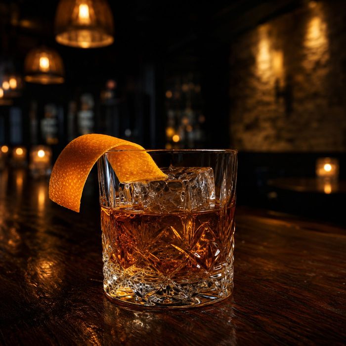 The 1810 Reserve: a bourbon Old Fashioned in cut crystal over one large cube with a wide orange peel