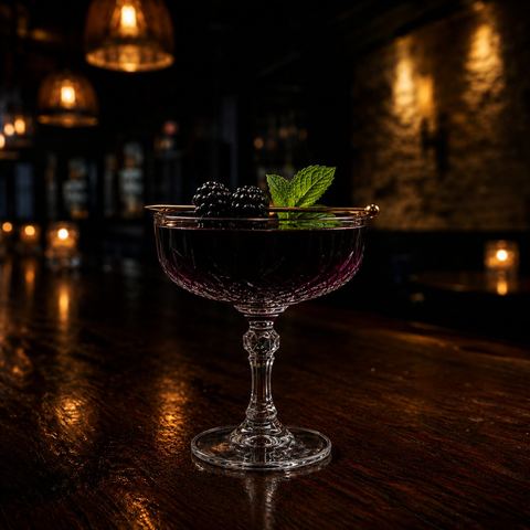 The Blacksmith: a deep blackberry-dark gin cocktail in a crystal coupe with blackberries and mint