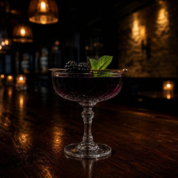 The Blacksmith: a deep blackberry-dark gin cocktail in a crystal coupe with blackberries and mint