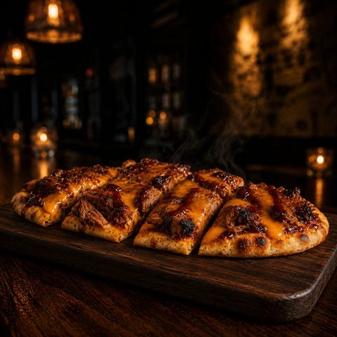 Smoked brisket flatbread with caramelized pineapple, jalapeños, and smoked cheddar, cut into pieces on a dark wood serving board