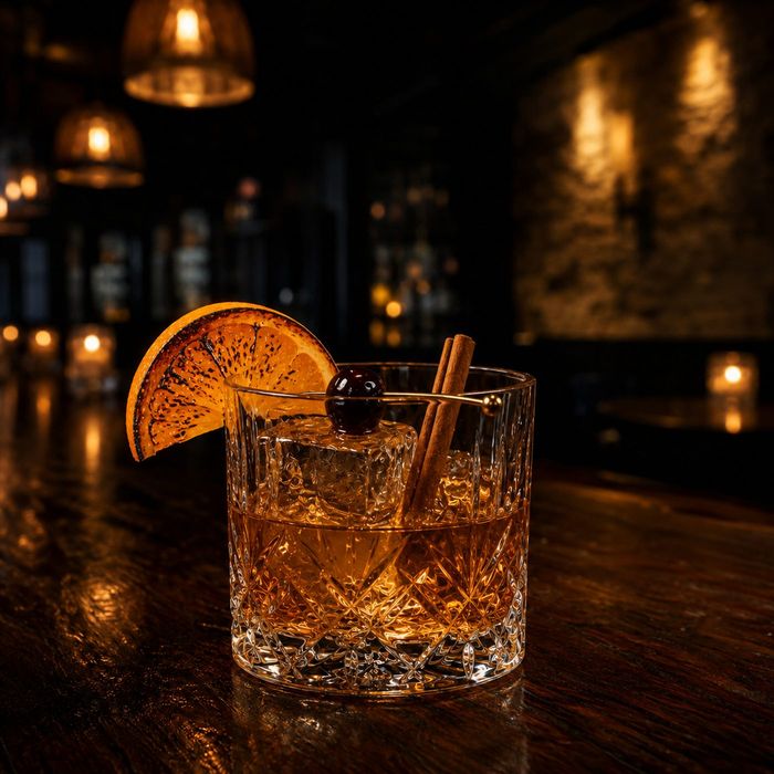The Cane & Barrel: a bourbon Old Fashioned with a flame-toasted orange wheel, dark cherry, and cinnamon stick