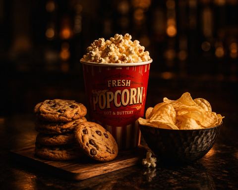 Dino Snacks: a bucket of fresh popcorn, a stack of chocolate chip cookies, and a bowl of kettle chips