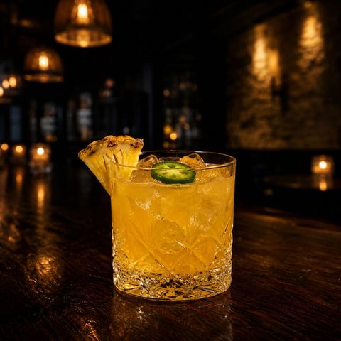The El Dorado: a golden pineapple jalapeño margarita over ice with a jalapeño wheel and pineapple wedge