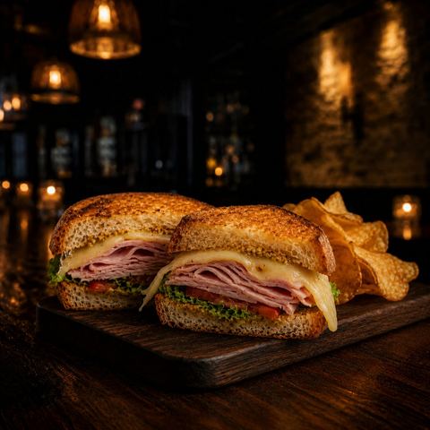 Honey glazed smoked ham sandwich on a French baguette with smoked gouda, lettuce, and tomato, with kettle chips