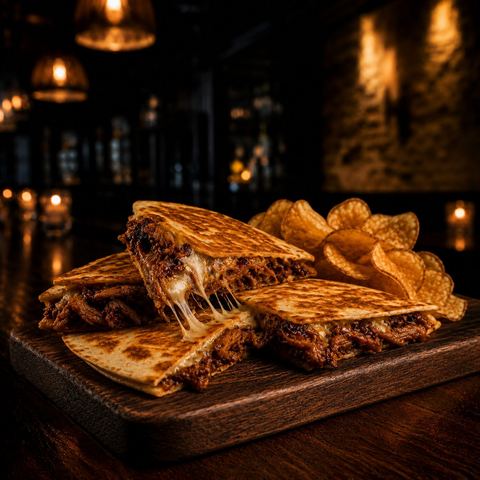 Hacienda quesadilla wedges with smoked pulled pork, smoked cheddar, avocado crema, and sour cream, served with kettle chips