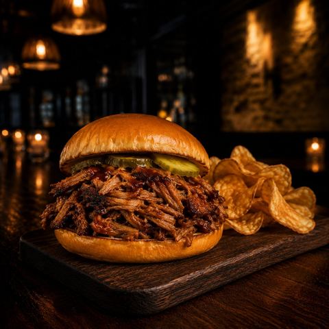 Applewood-smoked pulled pork sandwich piled high on a brioche bun with house barbecue sauce and dill pickles, with kettle chips