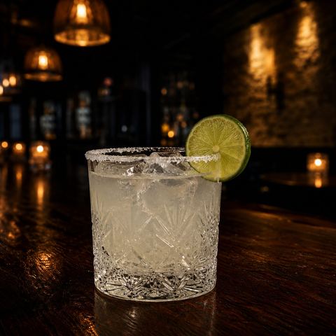 The Silver Spur: a classic silver margarita over ice with a salt rim and lime wheel