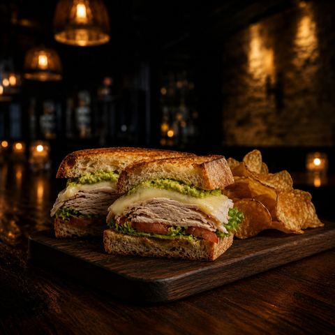Mesquite-roasted turkey sandwich on a French baguette with Havarti cheese, lettuce, and tomato, with kettle chips